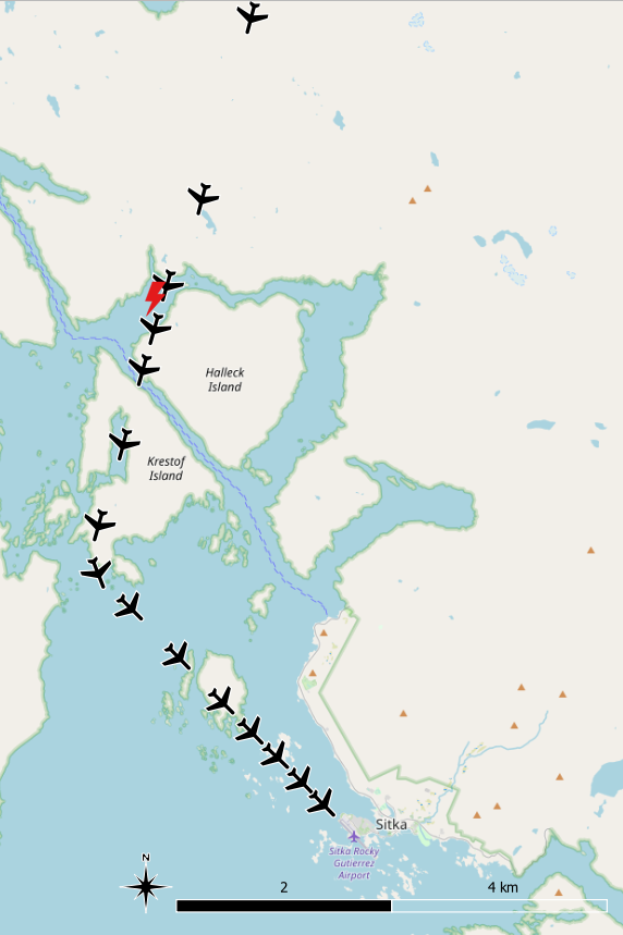 Map showing the location of the aircraft and the location of the lightning stroke 