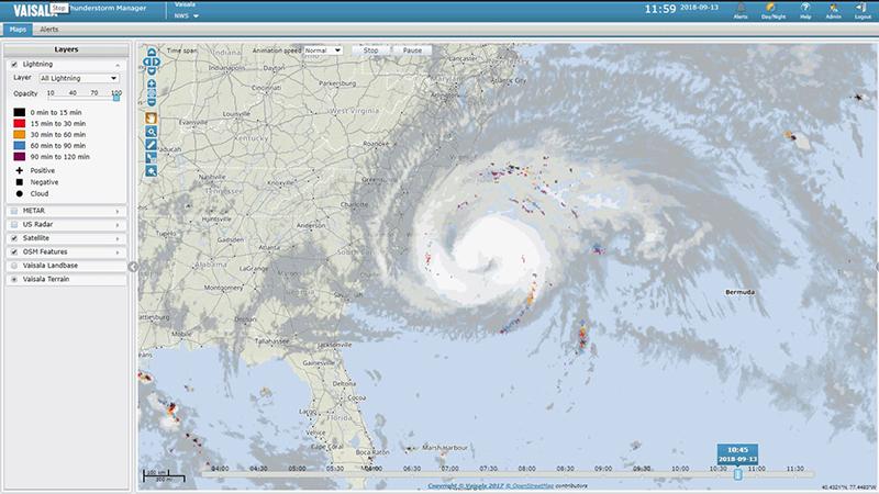 Florence lightning and satellite last 8 hours 180913 midday