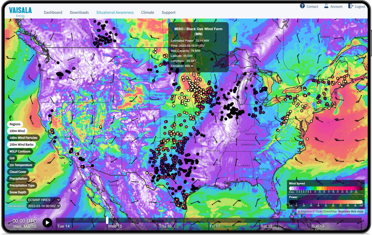 Map of North America showing wind speed, wind direction, and renewable energy production