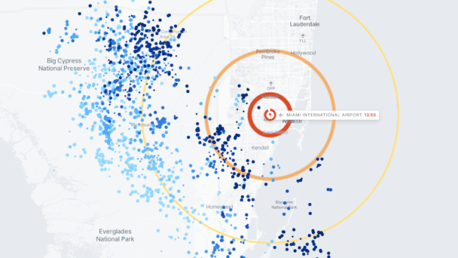 Map showing lightning activity near Miami International Airport