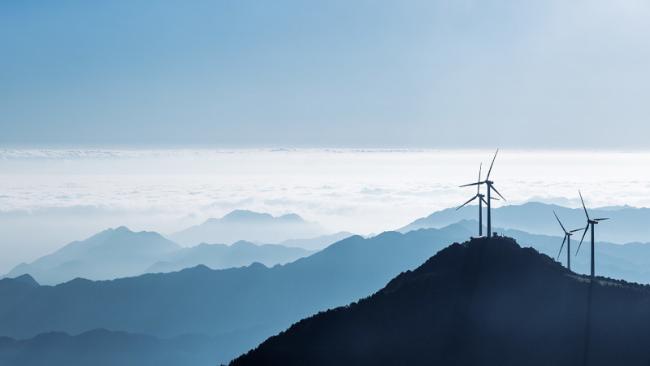 Panoramic view of wind turbines on the Blue Ridge Mountains